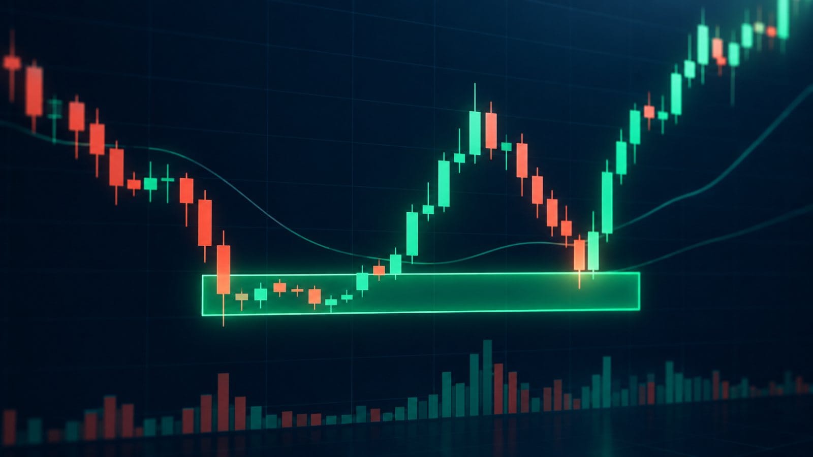 نمودار شمعی با ناحیهی اوردر بلاک صعودی و برگشت قیمت به آن