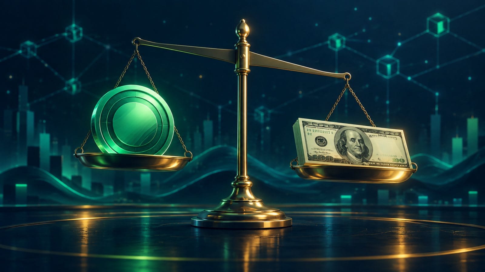 سکهی تتر کنار اسکناس دلار روی ترازو با اختلاف کوچک قیمت