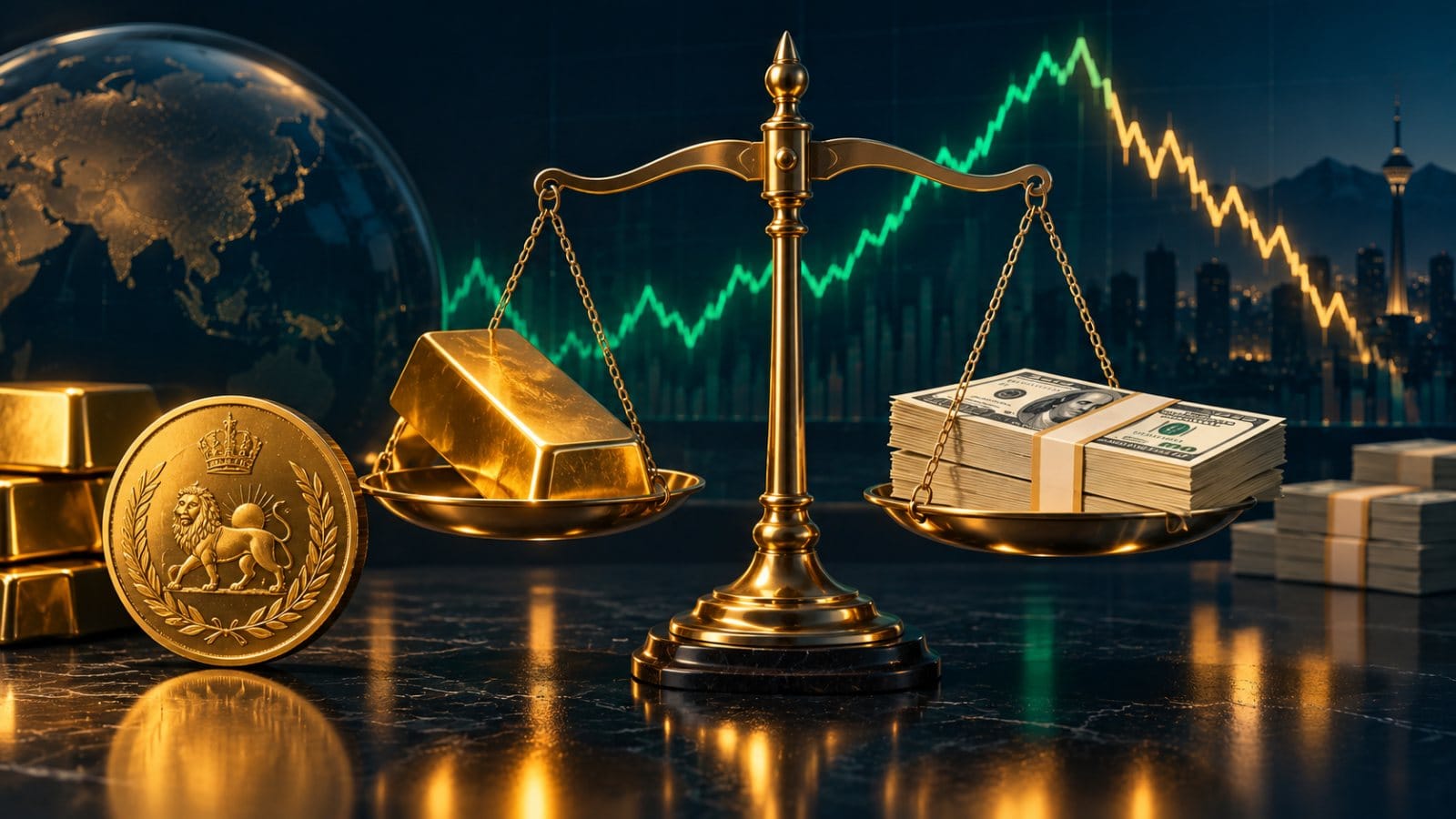 شمش طلا، سکهی امامی و اسکناس دلار کنار نمودار قیمت